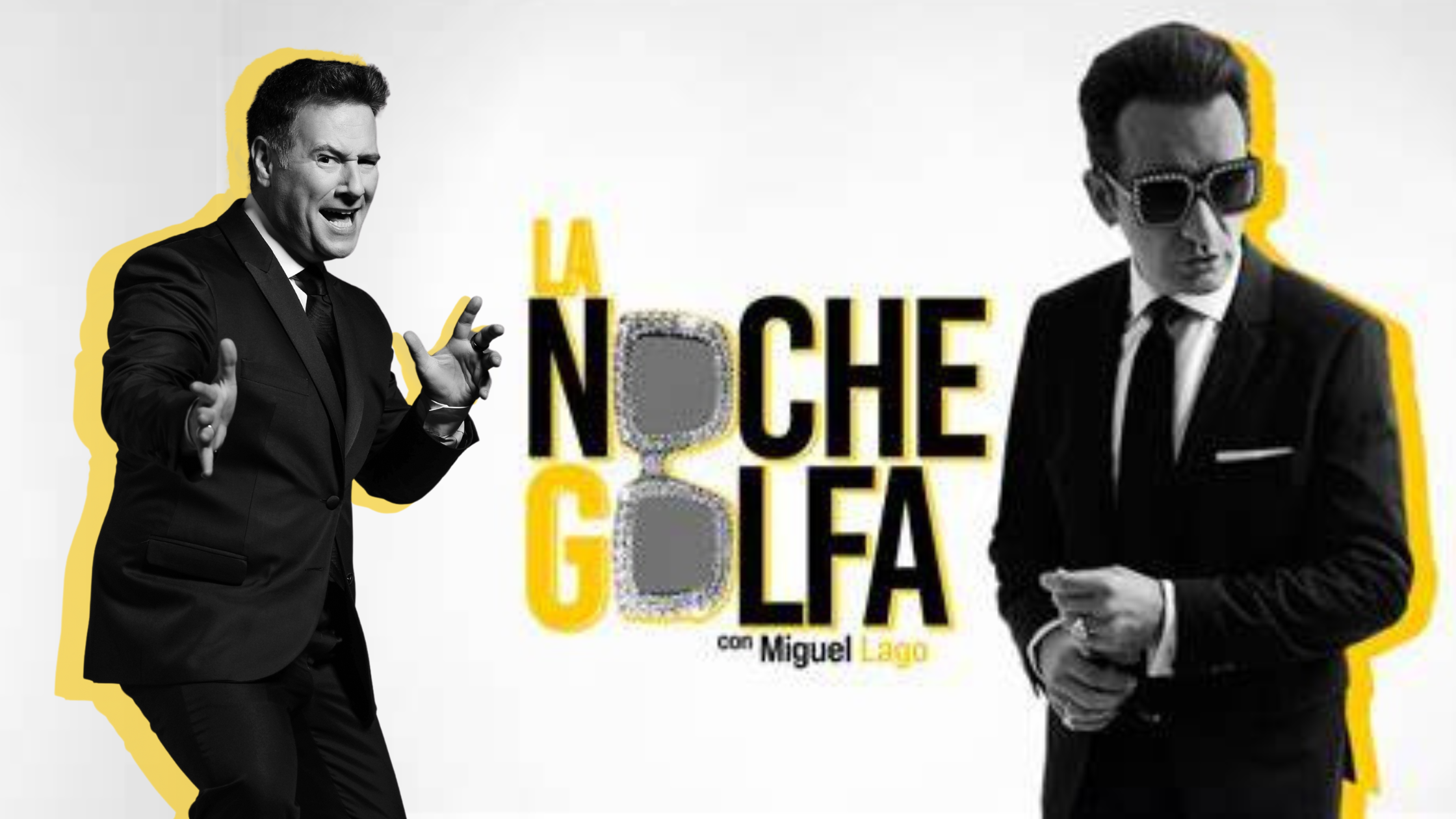 Carlos Latre y Miguel Lago en una imagen promocional del programa La Noche Golfa, vestidos de traje negro y con un diseño gráfico en blanco, negro y amarillo.