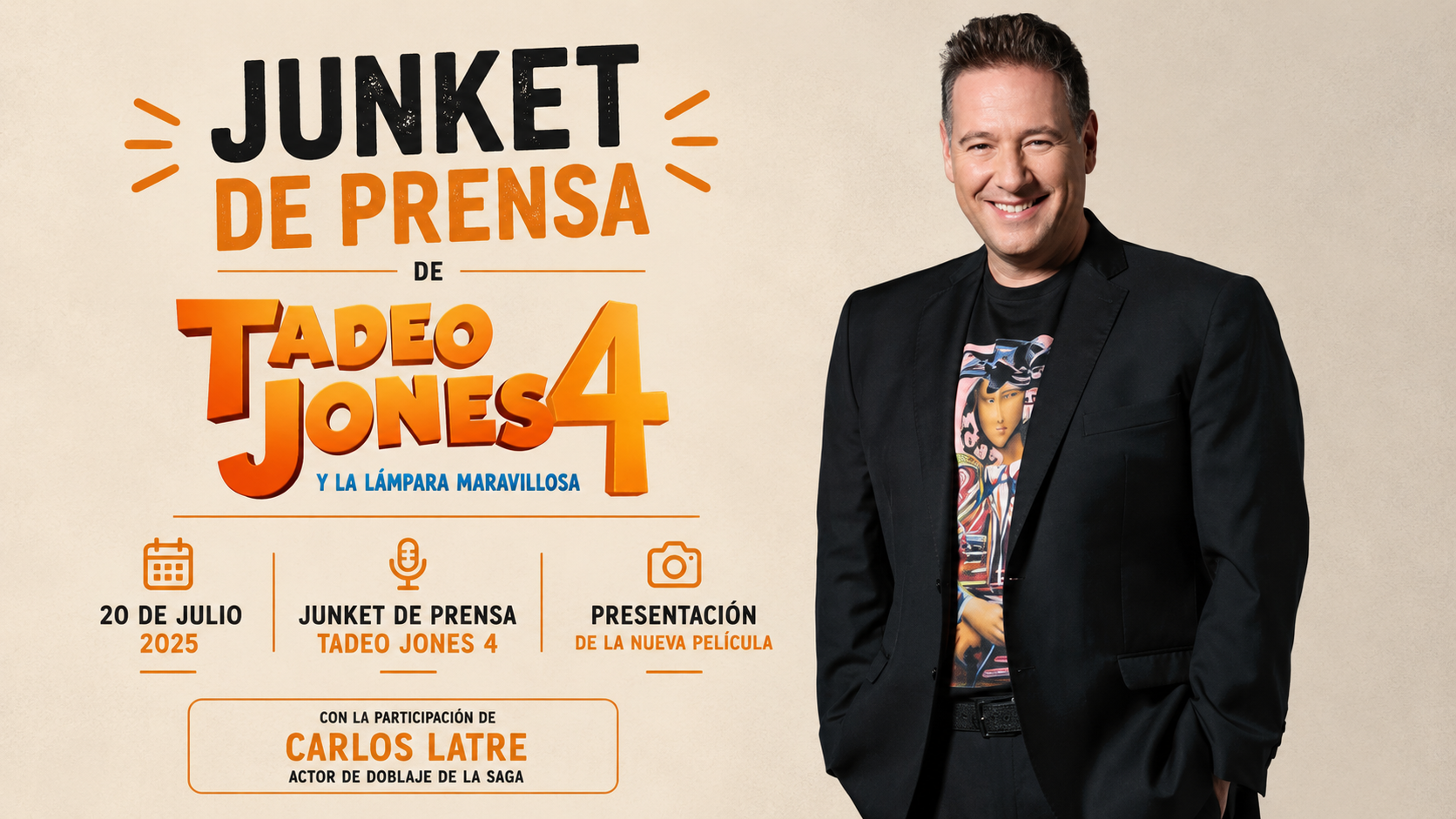 Carlos Latre durante la presentación del junket de prensa de Tadeo Jones 4: Y la lámpara maravillosa, la nueva película de animación en la que participa como actor de doblaje.