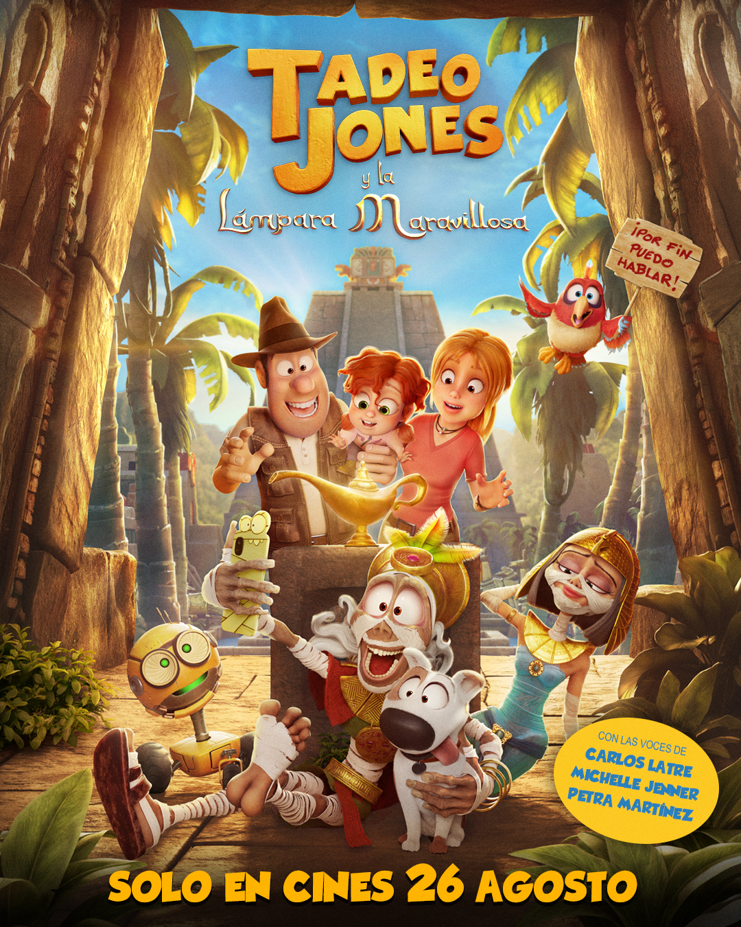 Cartel de Tadeo Jones y la Lámpara Maravillosa, película de animación con Carlos Latre poniendo voz a Jeff, Belzoni y Cristóbal Colón.