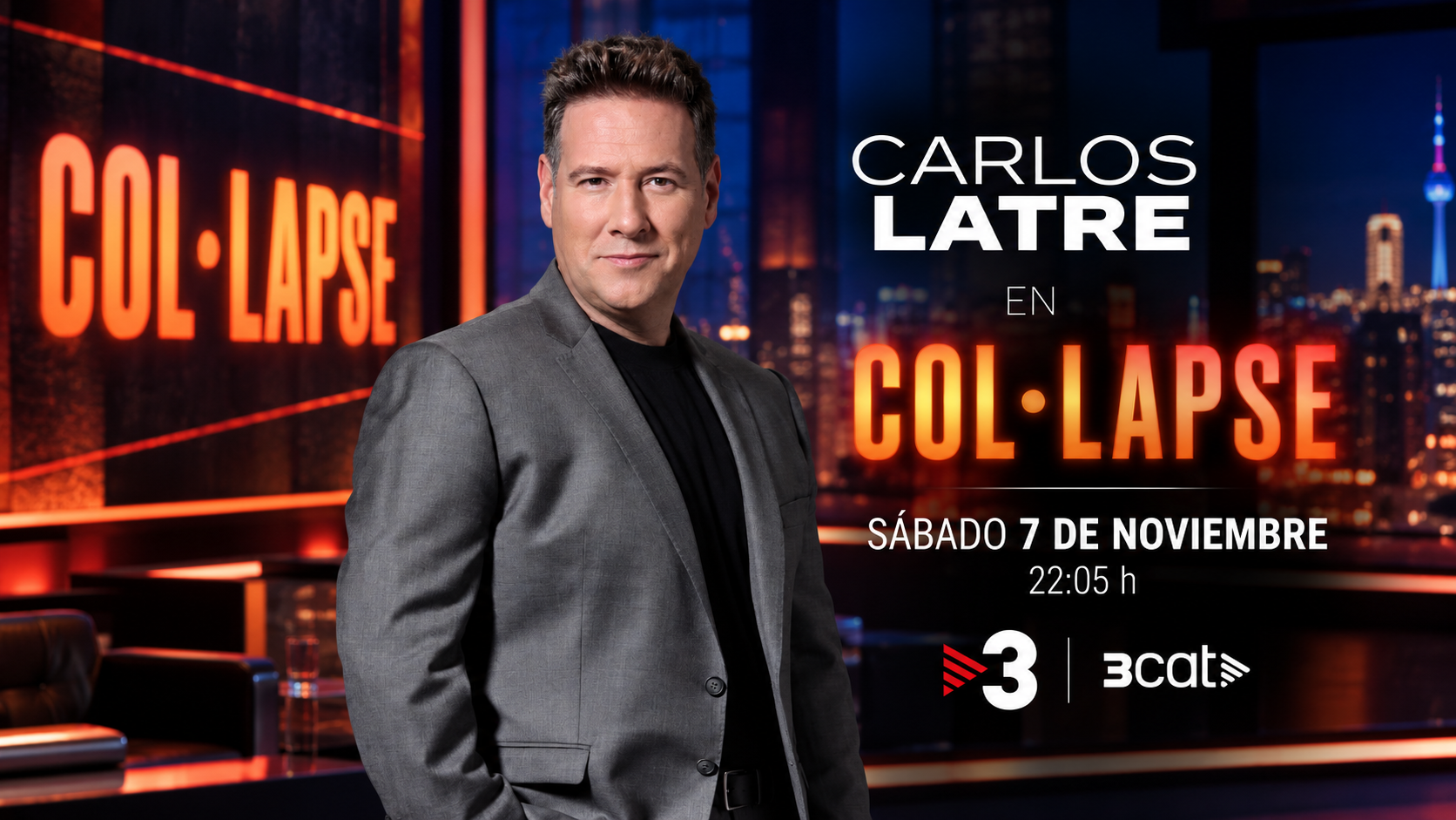 Carlos Latre con traje gris en una imagen promocional de Col·lapse de TV3 y 3Cat para el 7 de noviembre de 2026