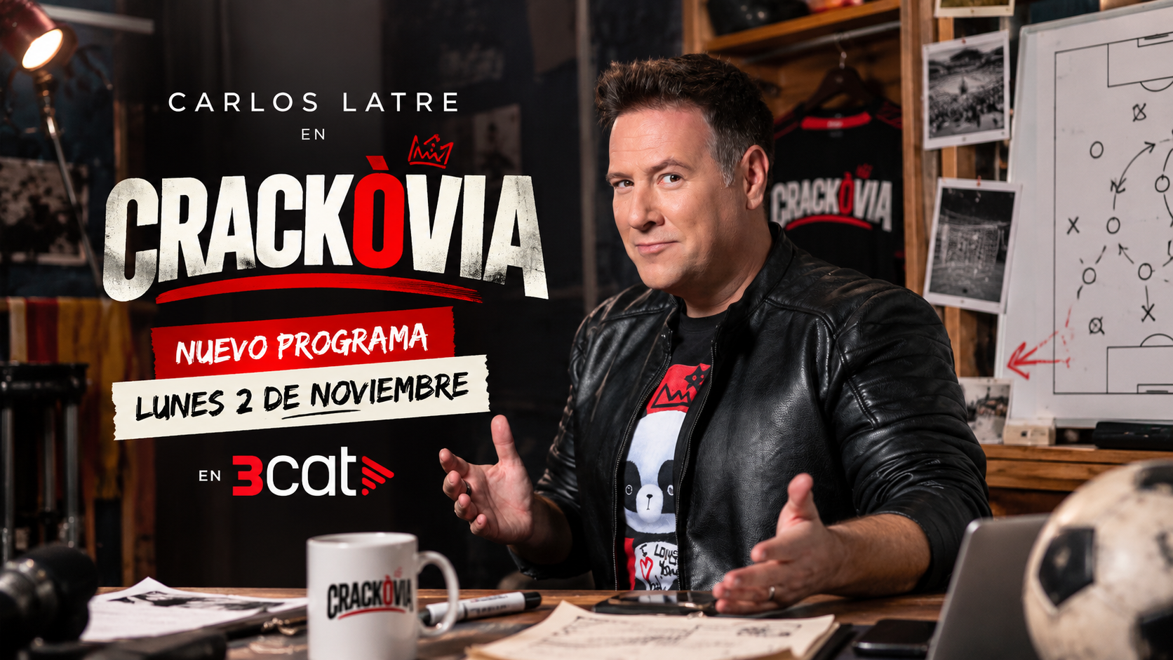 Carlos Latre con chaqueta negra en una imagen promocional de Crackòvia, que anuncia un nuevo programa el 2 de noviembre de 2026 en 3Cat.