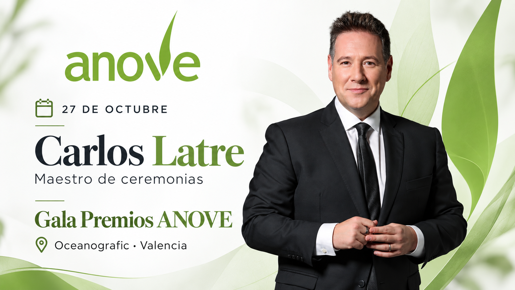 Carlos Latre anuncia su participación como maestro de ceremonias en la Gala Premios ANOVE el 27 de octubre en el Oceanogràfic de Valencia.